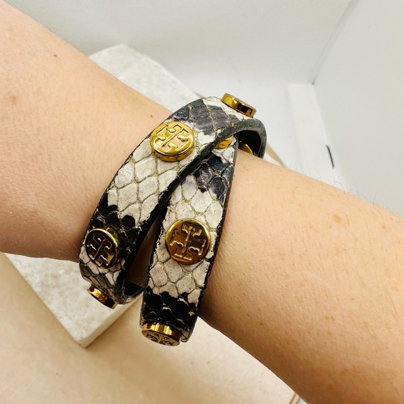 EUC Tory Burch Miller Stud Double Wrap Exotic Snakeskin Bracelet - Picture 6 of 15